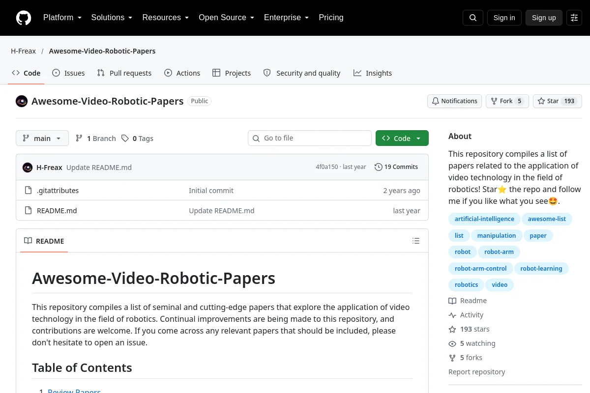 Awesome Video Robotic Papers · H-Freax website or repository screenshot