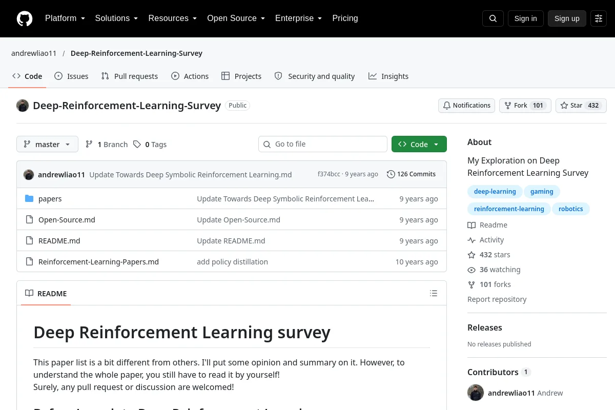 Deep Reinforcement Learning Survey · andrewliao11 resource page screenshot