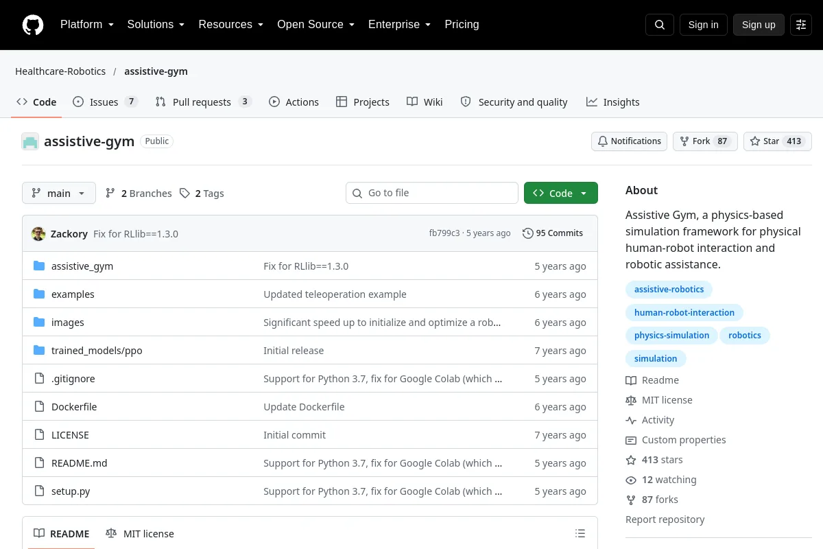 assistive-gym · Healthcare-Robotics website or repository screenshot