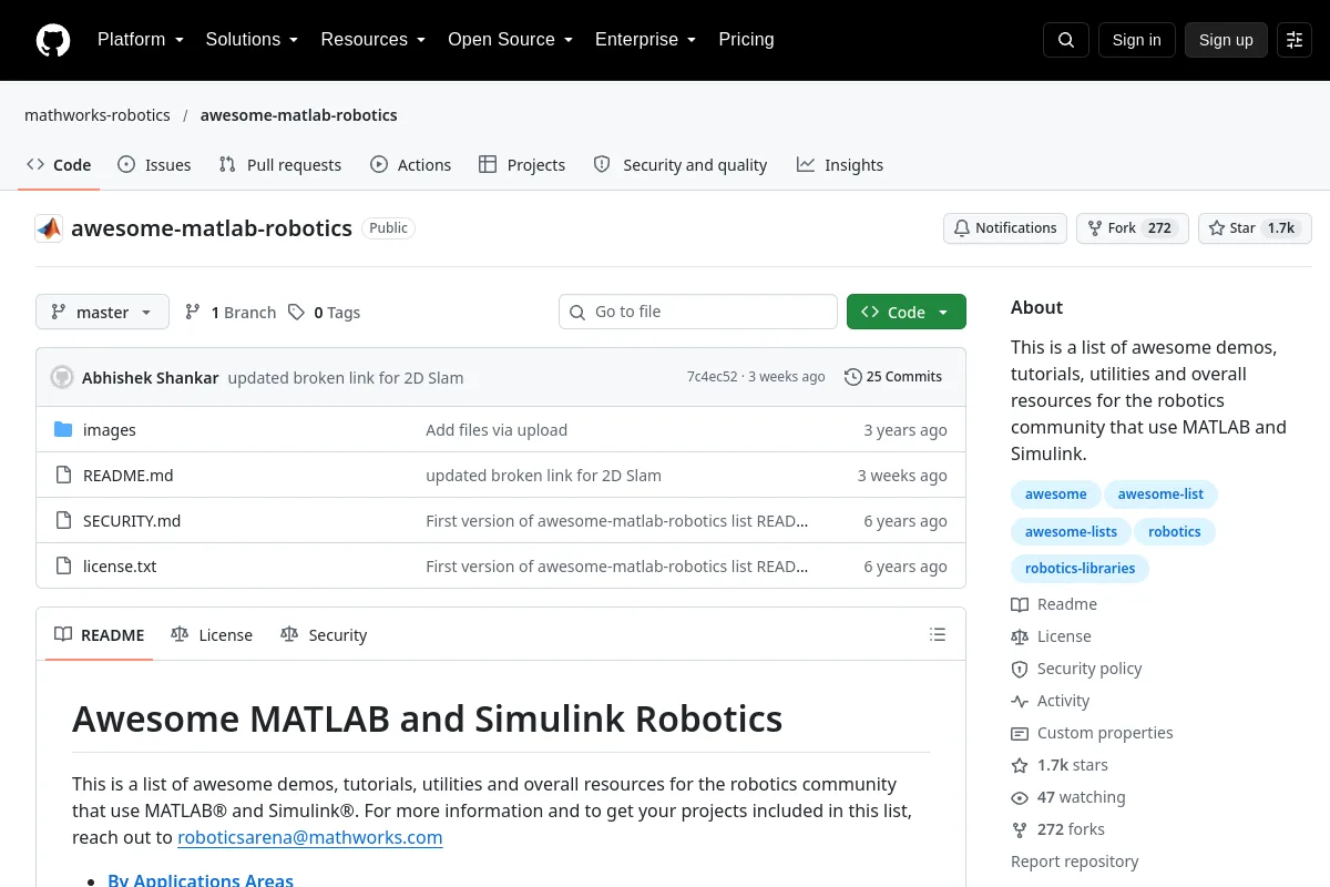 awesome-matlab-robotics · mathworks-robotics resource page screenshot