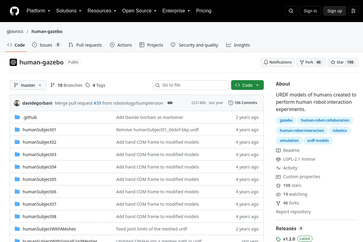 human-gazebo · gbionics resource page screenshot