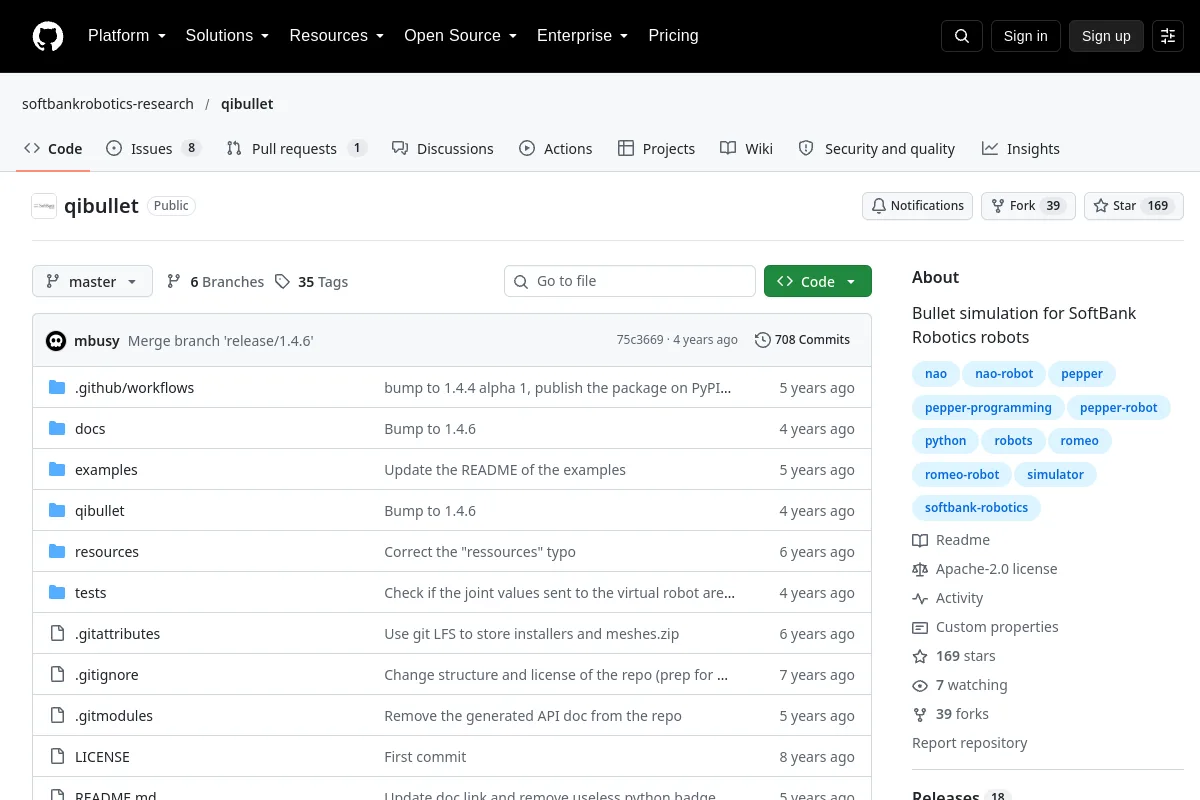 qibullet · softbankrobotics-research resource page screenshot