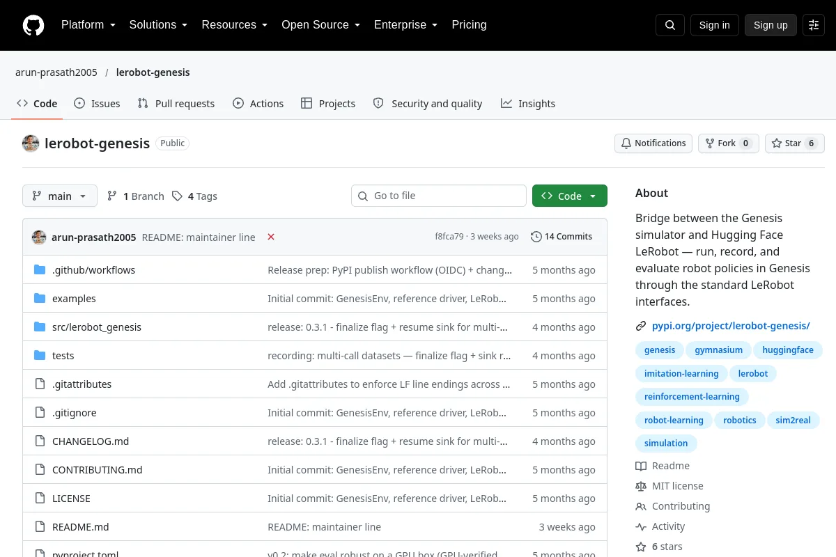 lerobot genesis · arun-prasath2005 resource page screenshot