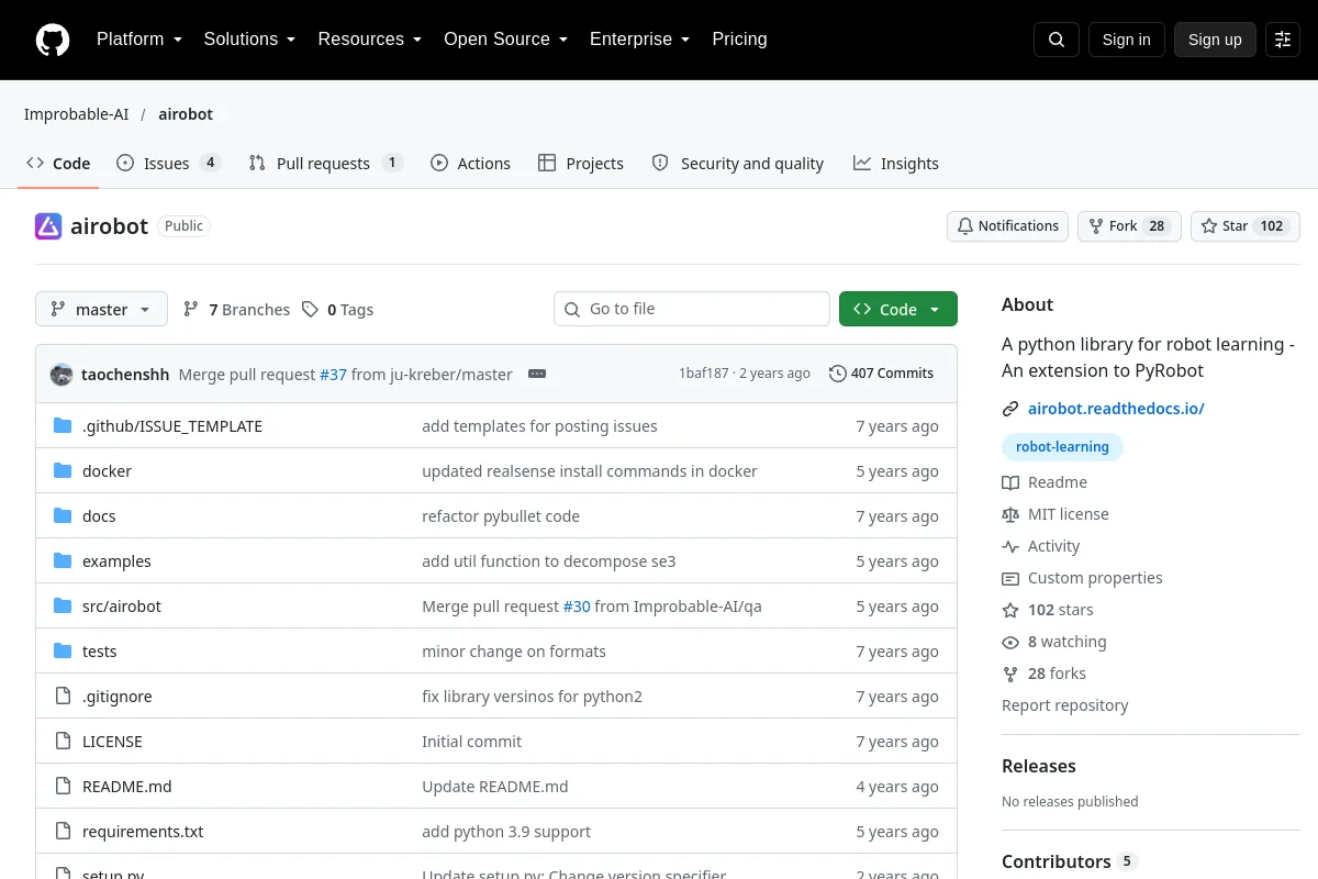 airobot · Improbable-AI resource page screenshot