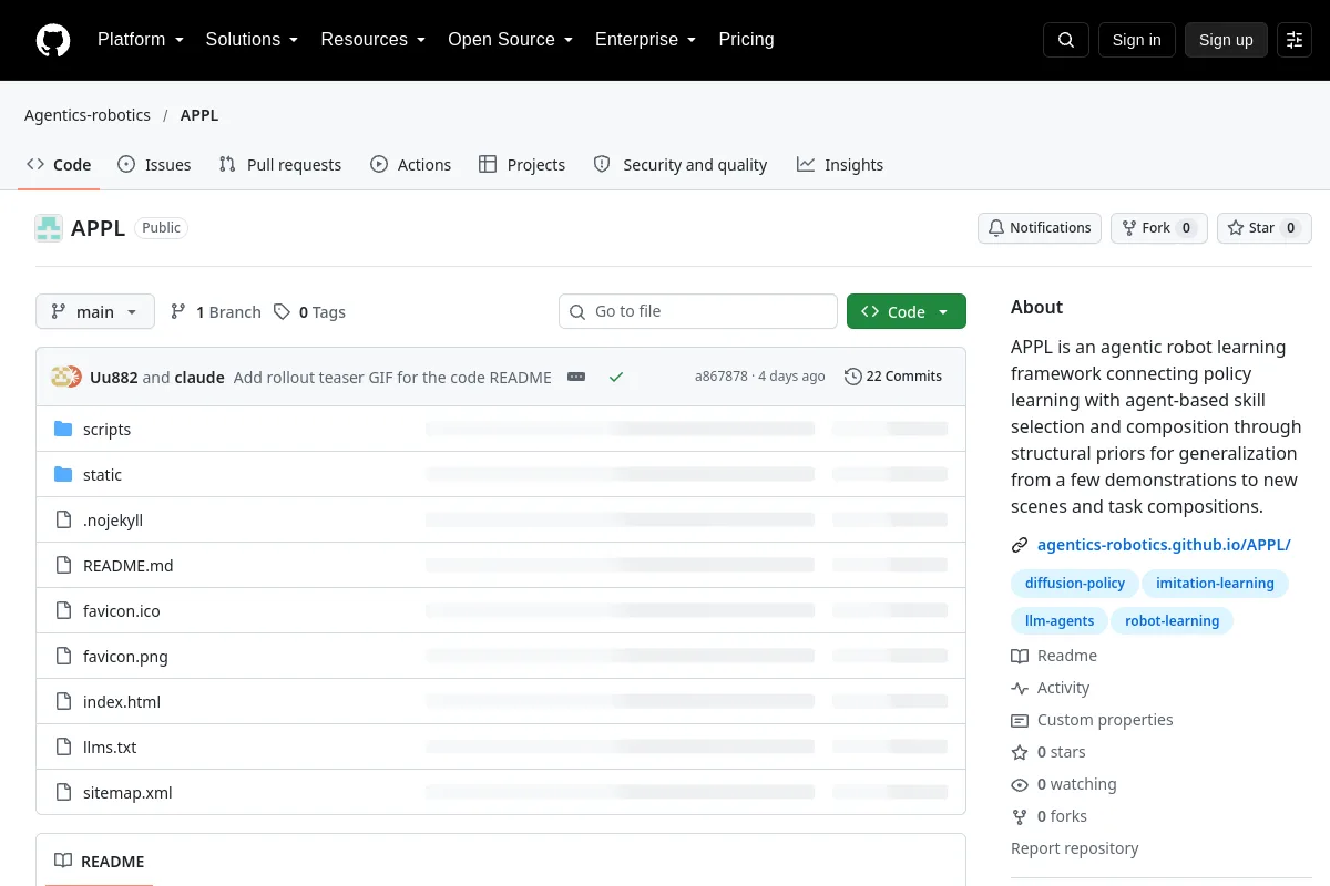 APPL · Agentics-robotics website or repository screenshot