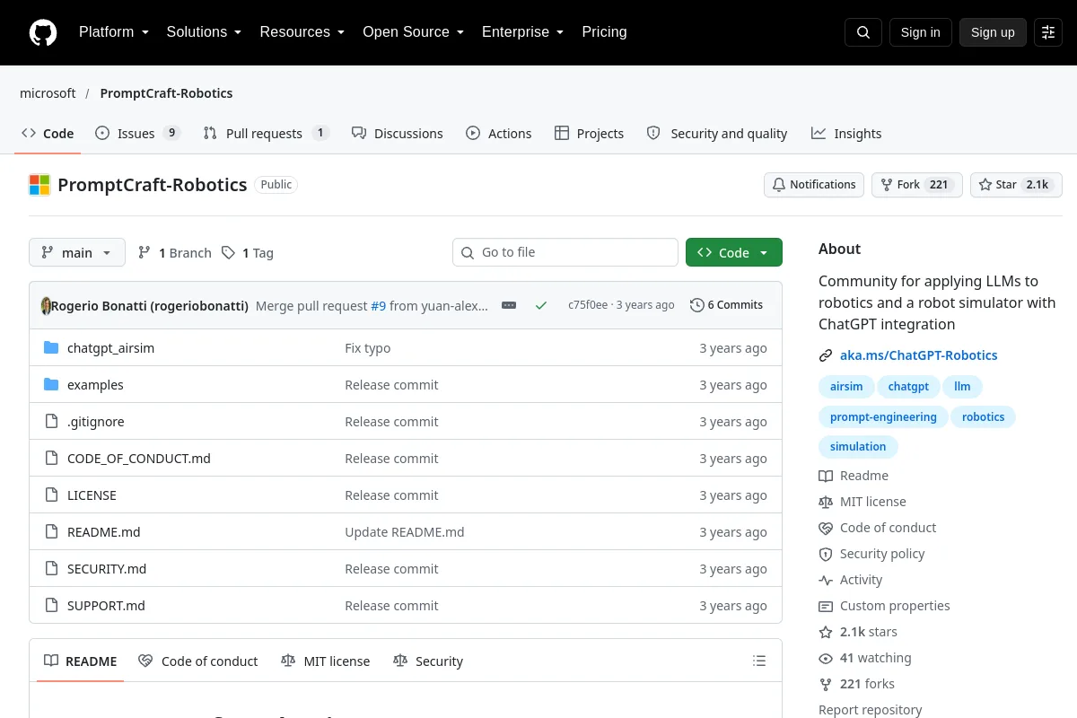 PromptCraft-Robotics · microsoft website or repository screenshot
