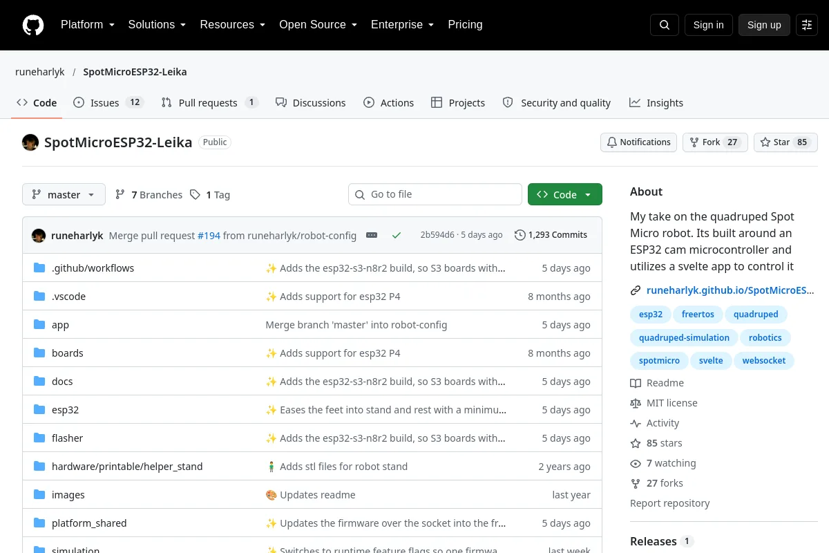 SpotMicroESP32-Leika · runeharlyk resource page screenshot