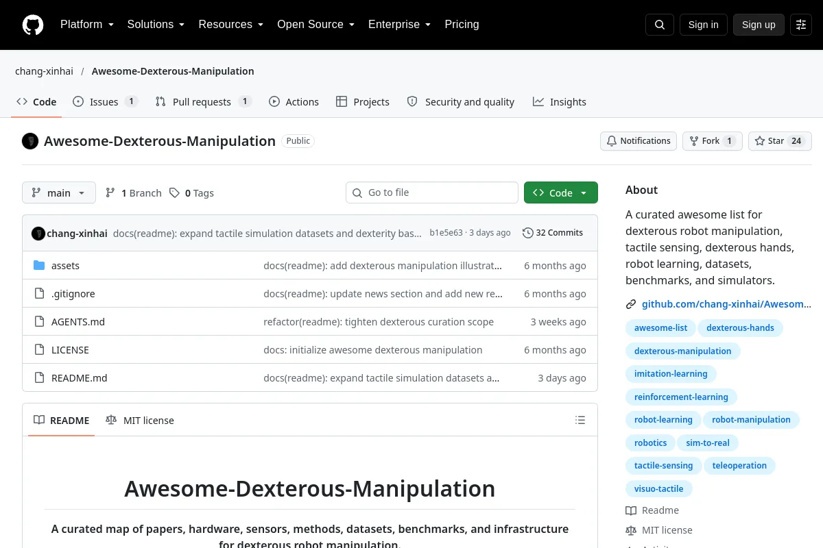 Awesome Dexterous Manipulation · chang-xinhai website or repository screenshot