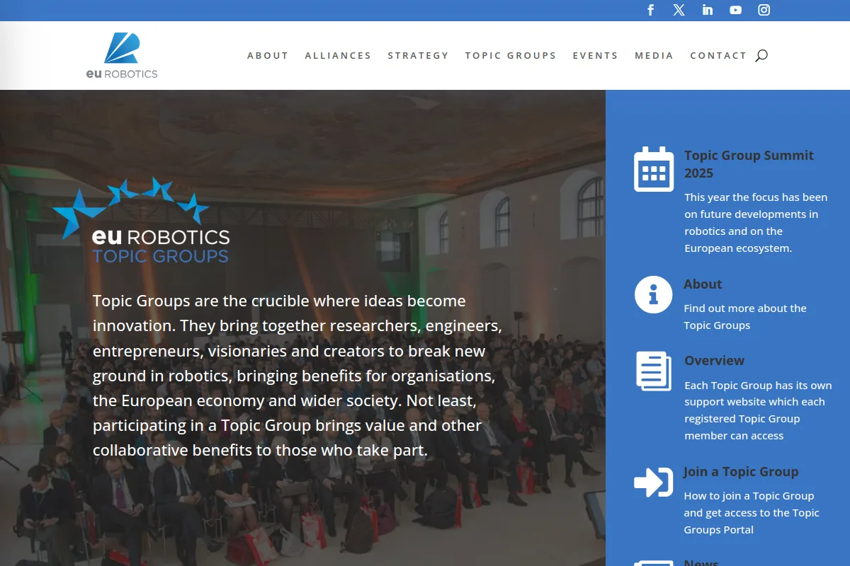 euRobotics Topic Groups resource page screenshot