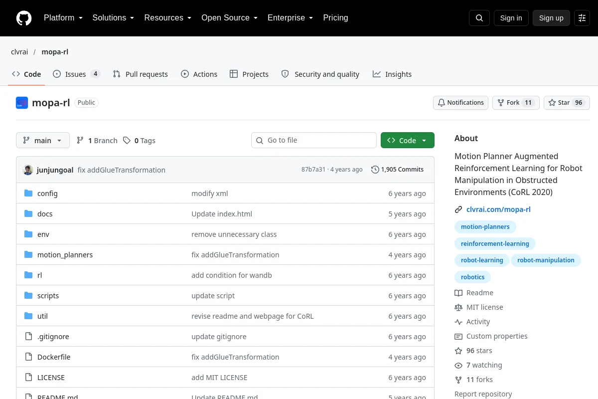 mopa rl · clvrai website or repository screenshot