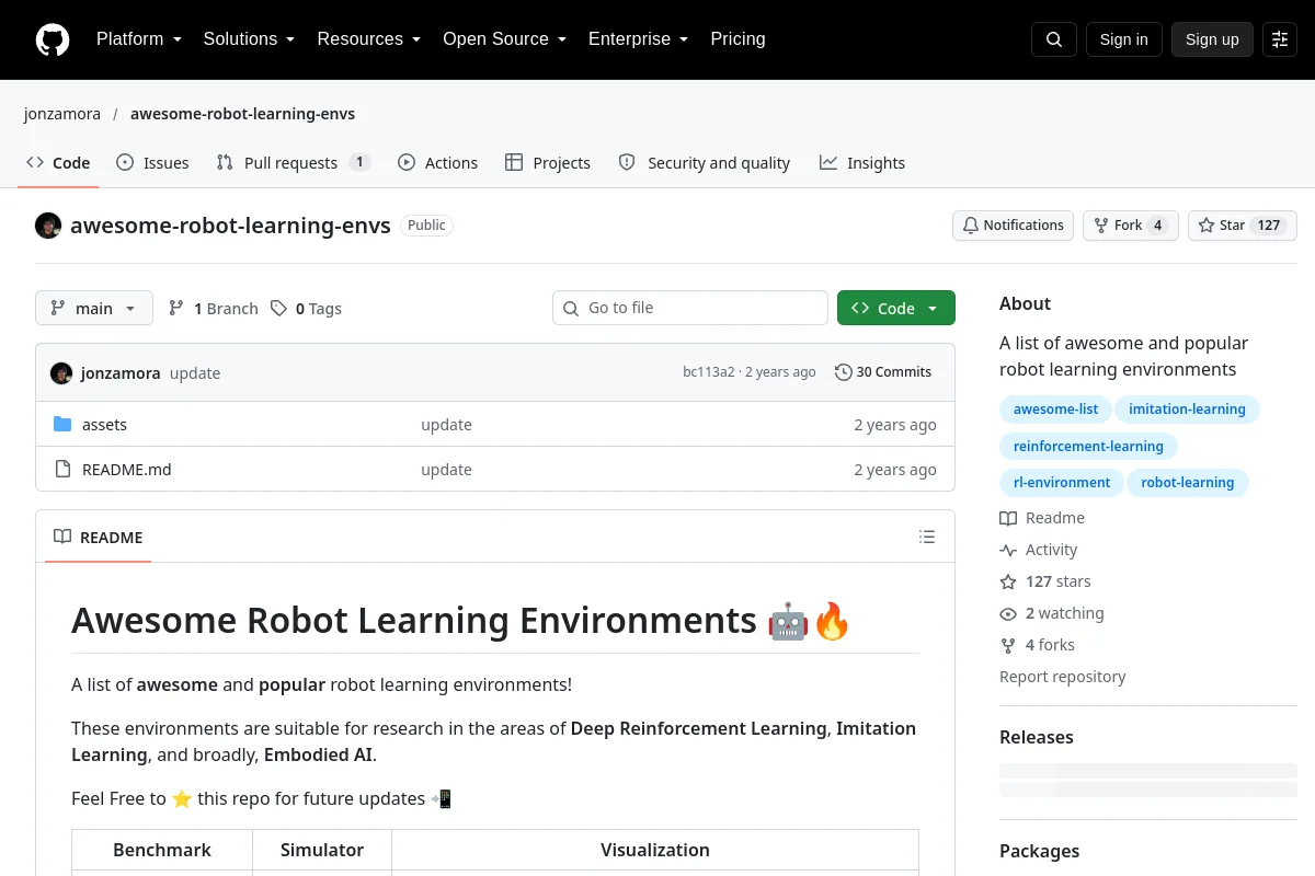 awesome-robot-learning-envs · jonzamora resource page screenshot