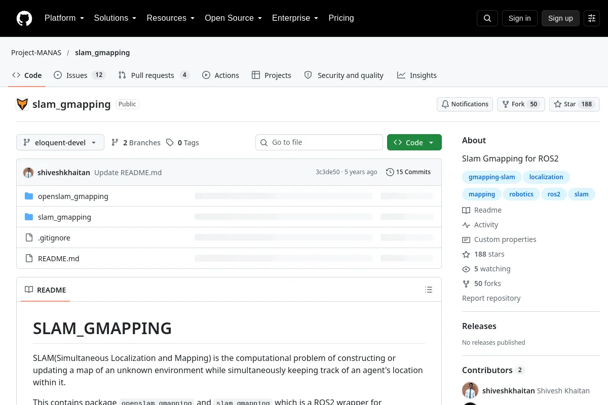 slam_gmapping · Project-MANAS resource page screenshot
