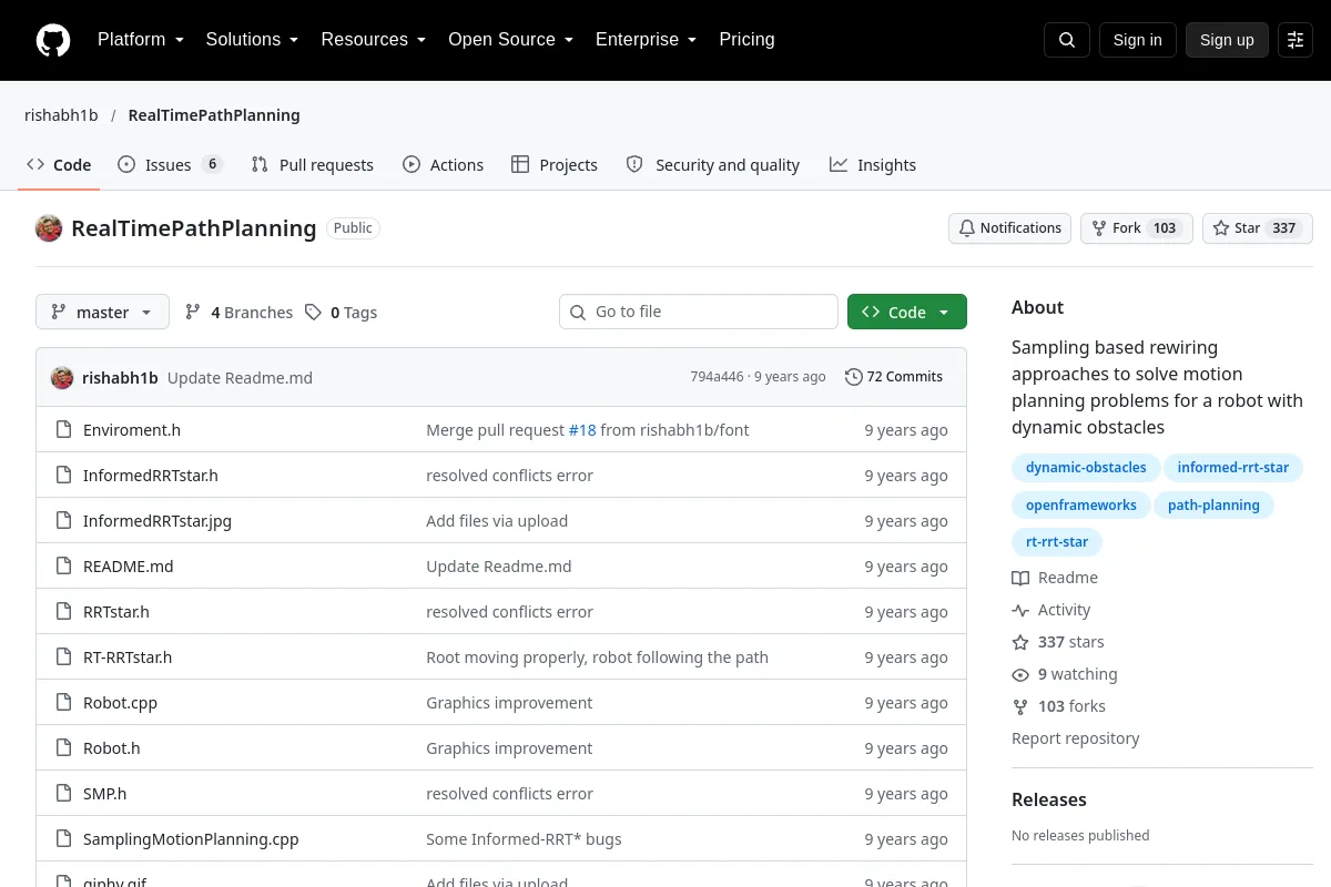 RealTimePathPlanning · rishabh1b resource page screenshot