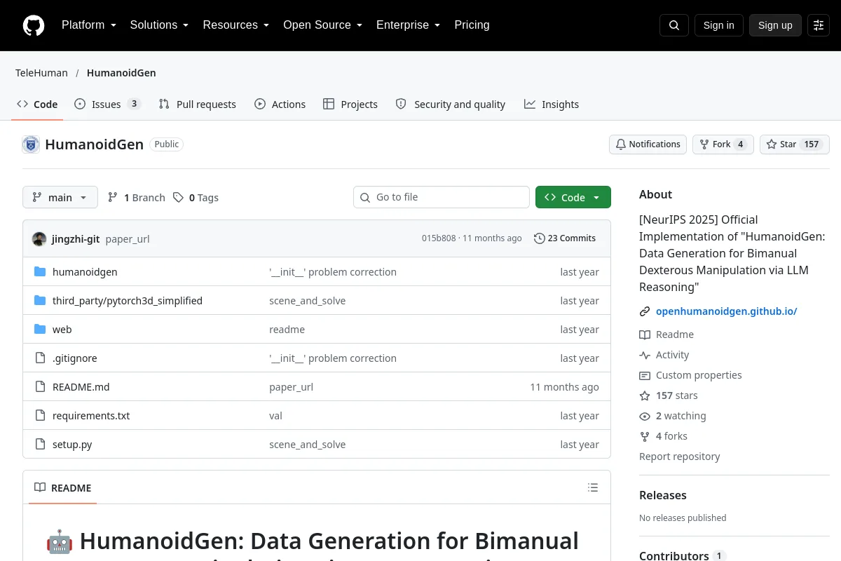 HumanoidGen · TeleHuman website or repository screenshot