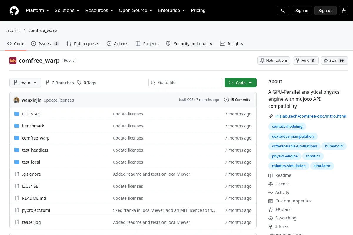 comfree_warp · asu-iris website or repository screenshot