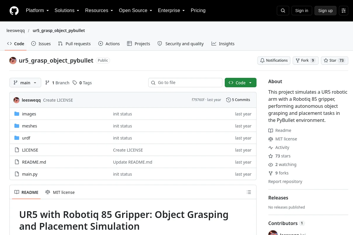 ur5_grasp_object_pybullet · leesweqq resource page screenshot