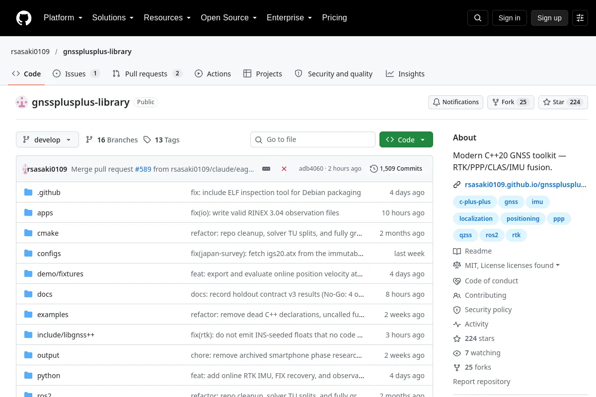 gnssplusplus-library · rsasaki0109 resource page screenshot