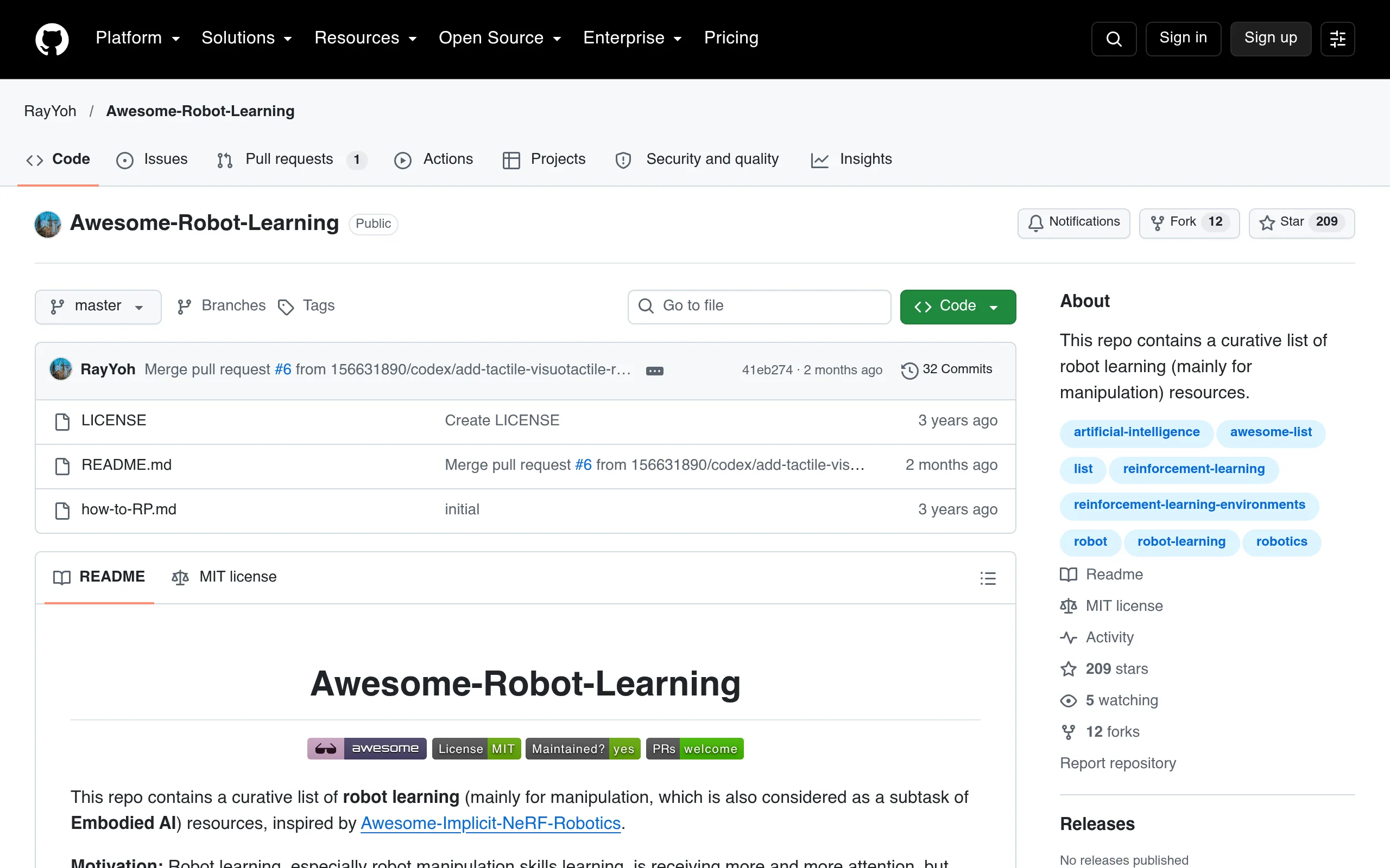 Awesome Robot Learning · RayYoh resource page screenshot
