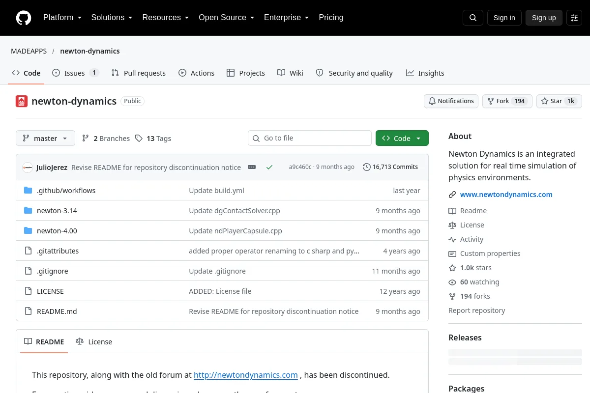 newton dynamics · MADEAPPS resource page screenshot