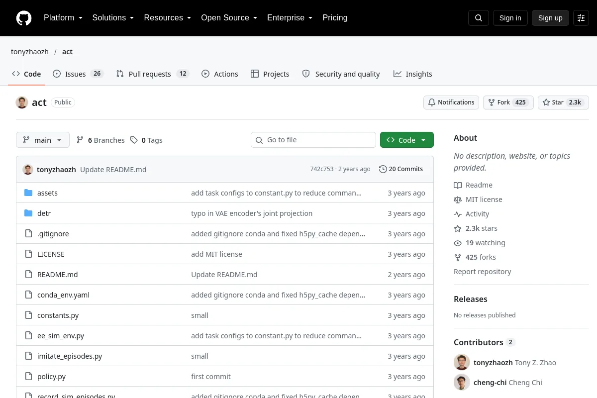 Action Chunking Transformer website or repository screenshot