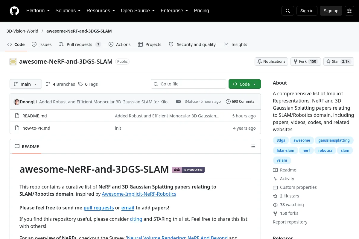 awesome NeRF and 3DGS SLAM · 3D-Vision-World website or repository screenshot