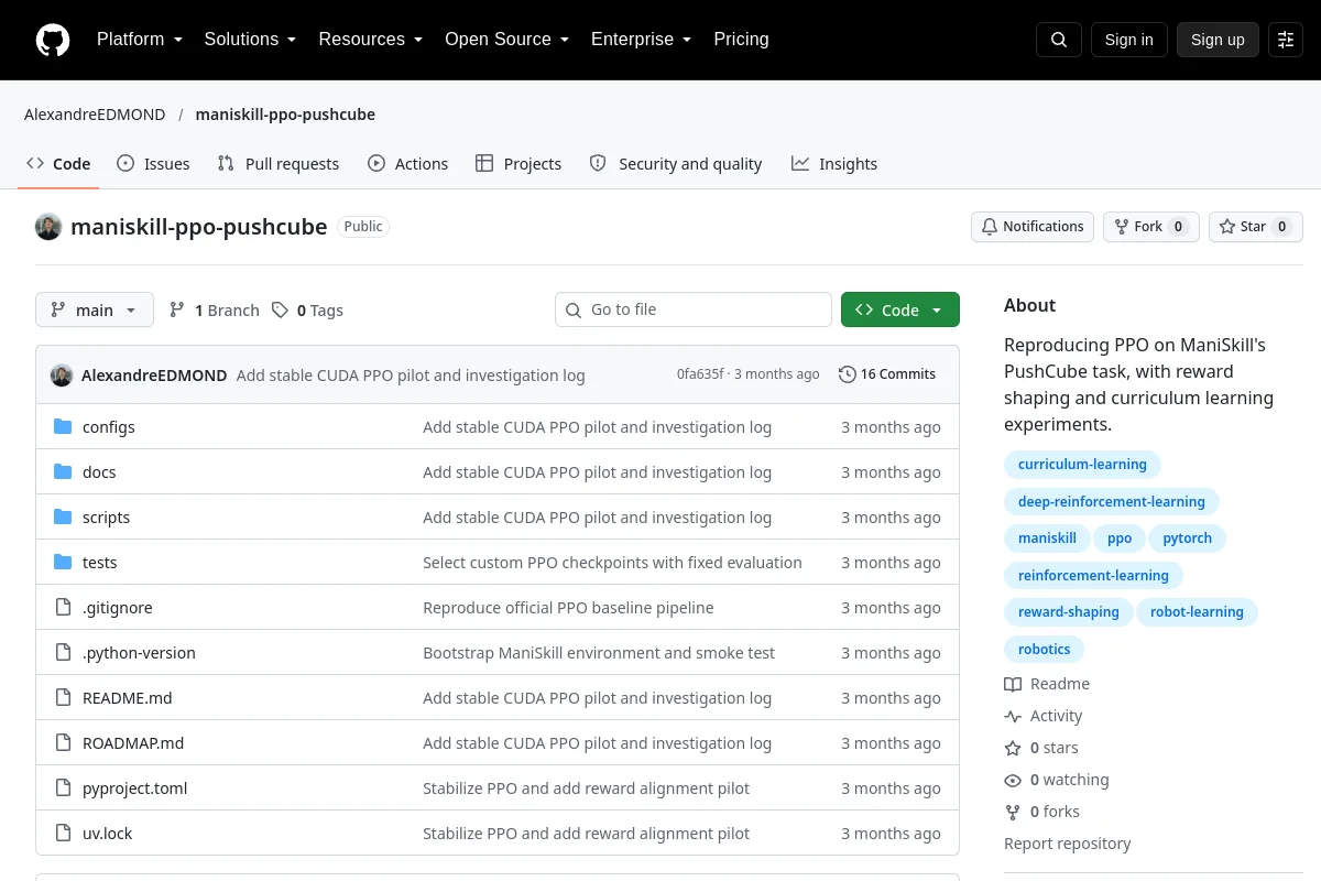 maniskill ppo pushcube · AlexandreEDMOND resource page screenshot