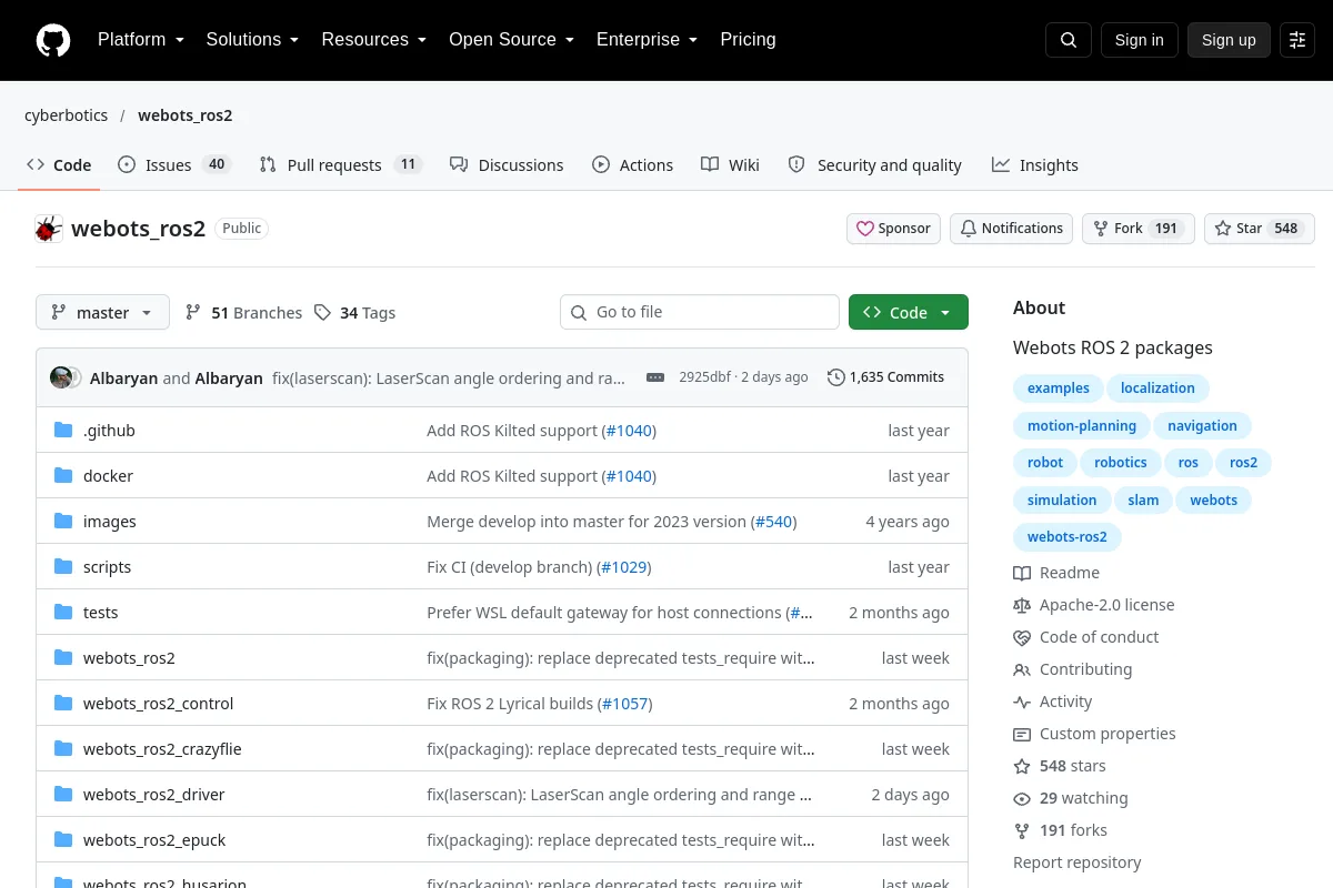 webots ros2 · cyberbotics website or repository screenshot