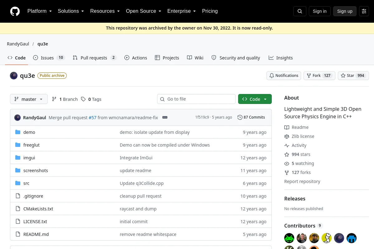 qu3e · RandyGaul resource page screenshot