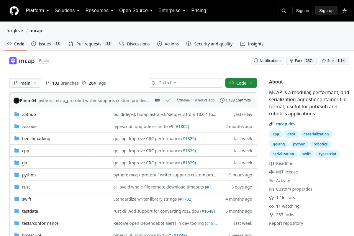 mcap · foxglove resource page screenshot
