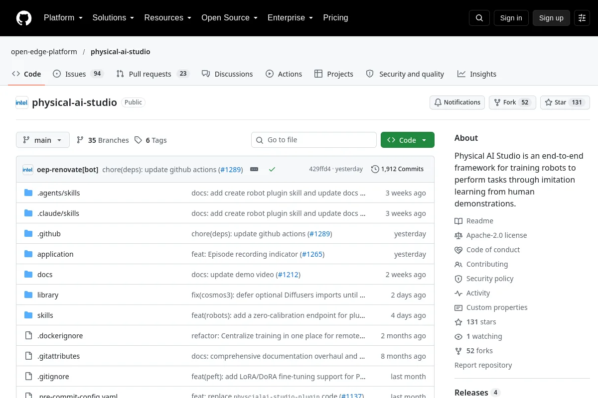 physical-ai-studio · open-edge-platform resource page screenshot
