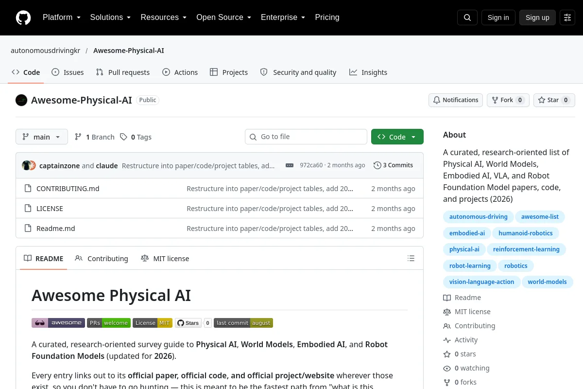 Awesome Physical AI · autonomousdrivingkr resource page screenshot