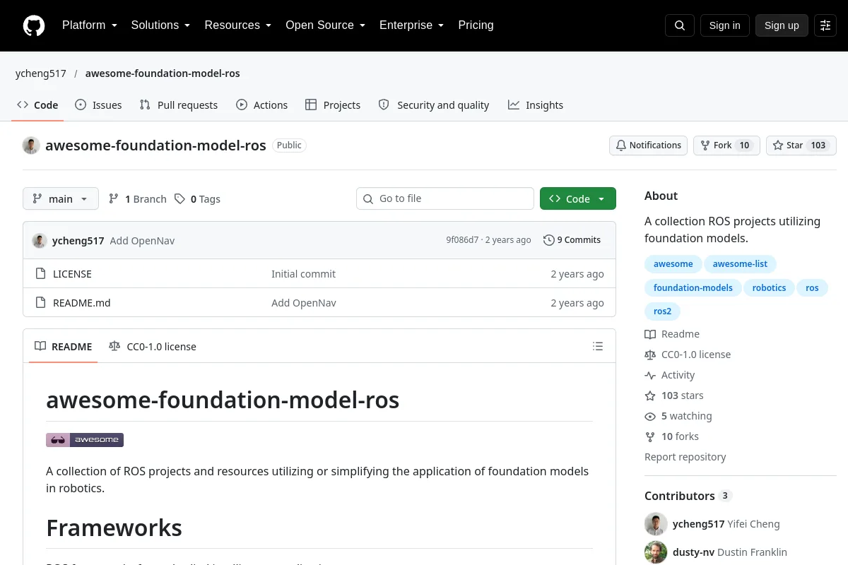 awesome foundation model ros · ycheng517 website or repository screenshot
