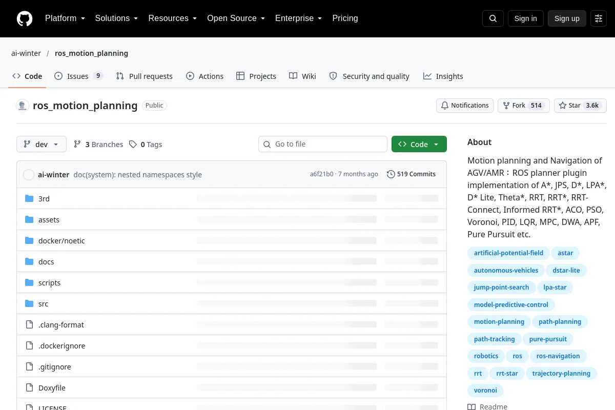 ros motion planning · ai-winter website or repository screenshot