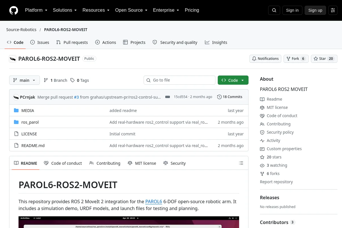 PAROL6-ROS2-MOVEIT · Source-Robotics resource page screenshot