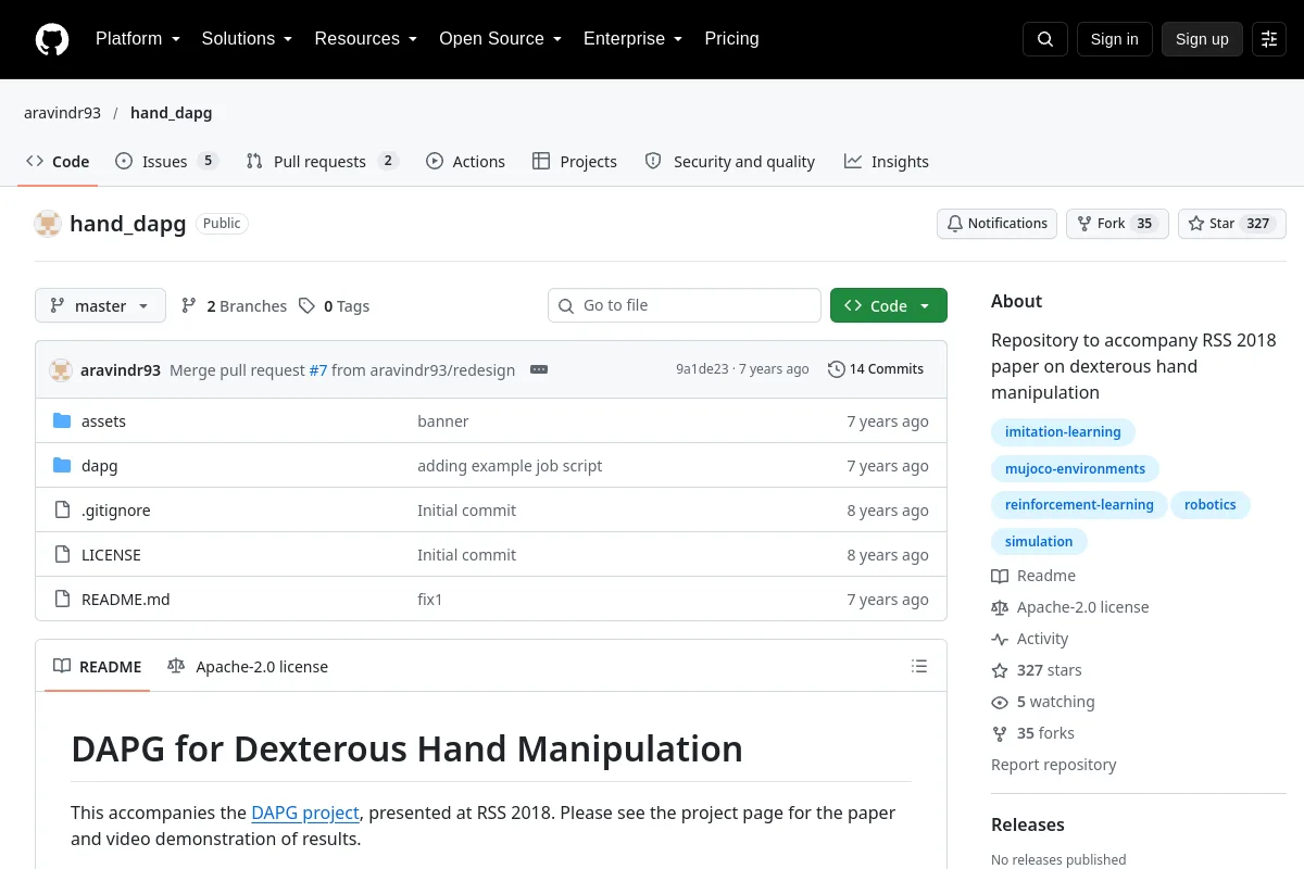 hand dapg · aravindr93 website or repository screenshot