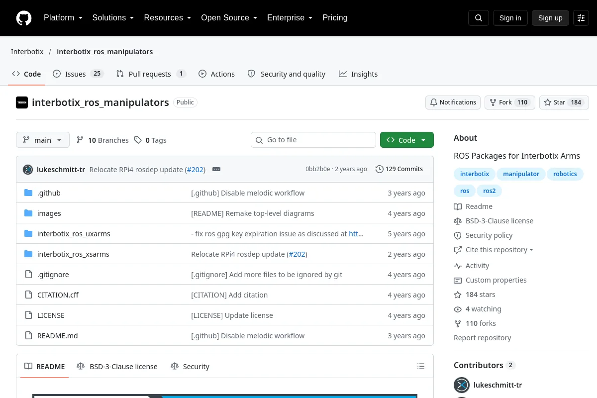 interbotix ros manipulators · Interbotix resource page screenshot