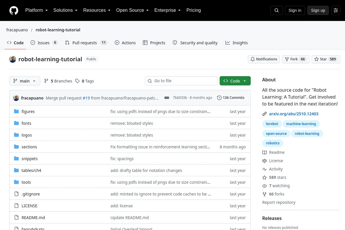 robot learning tutorial · fracapuano resource page screenshot