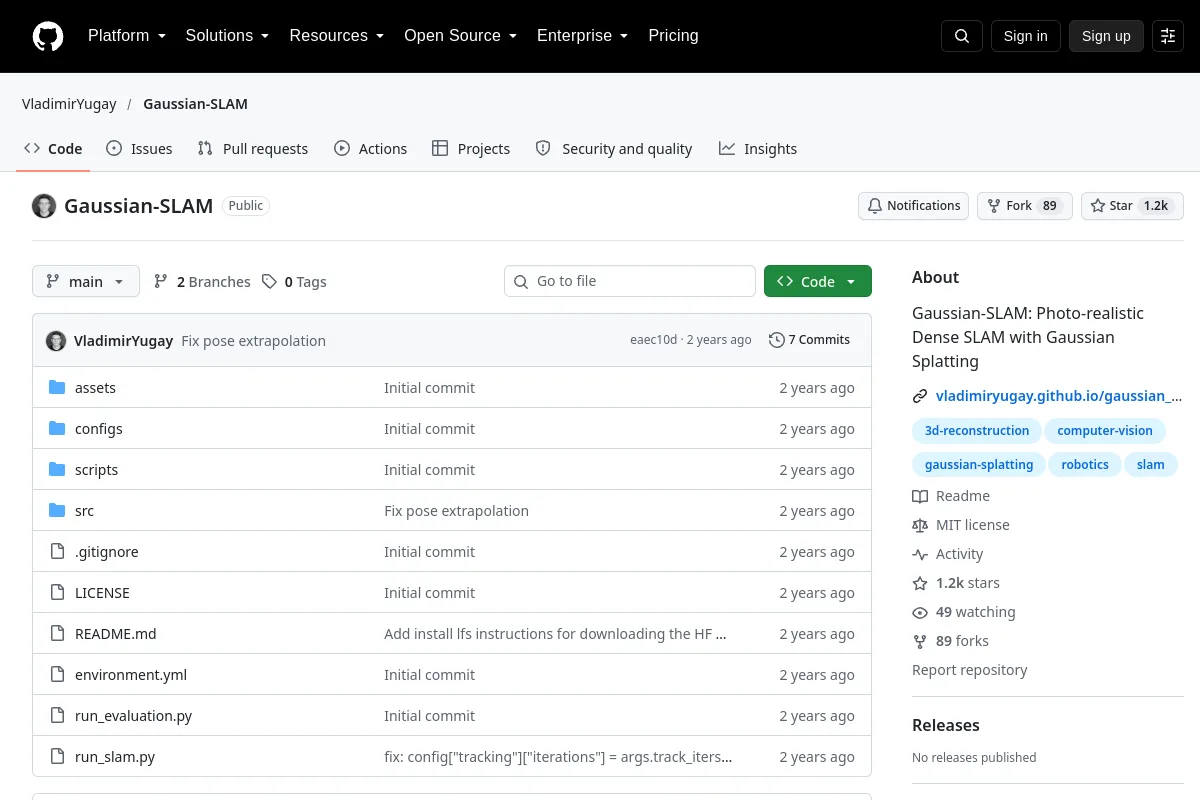 Gaussian-SLAM · VladimirYugay resource page screenshot