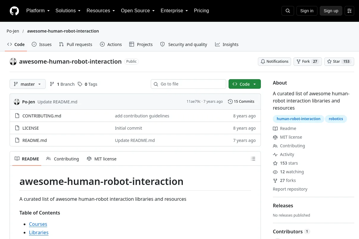 awesome human robot interaction · Po-Jen resource page screenshot