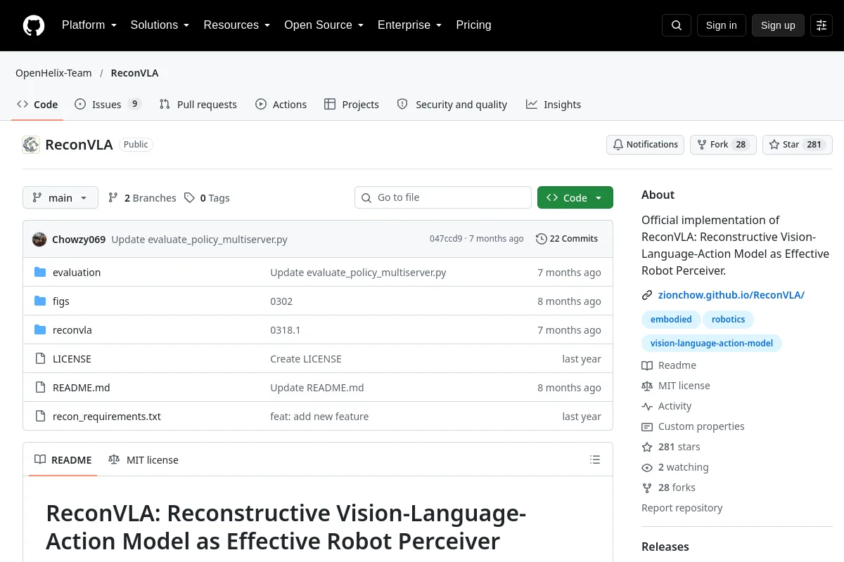 ReconVLA · OpenHelix-Team resource page screenshot