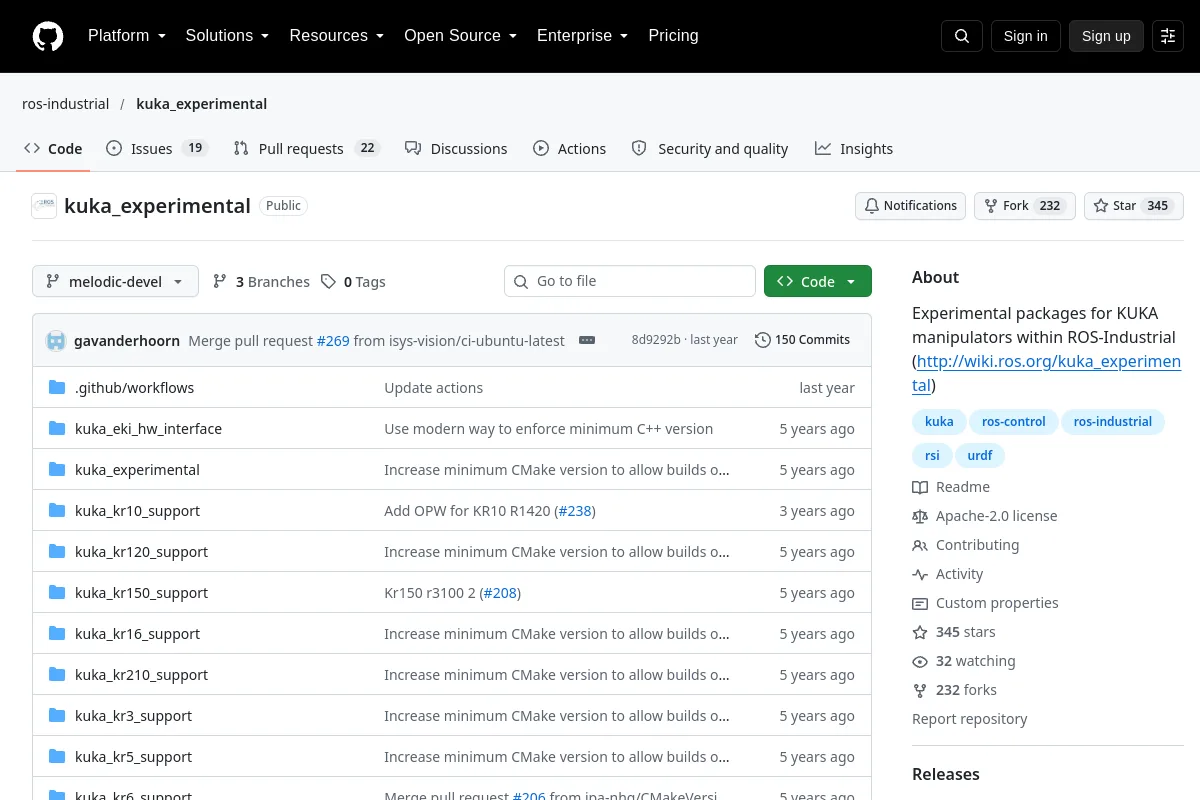 kuka_experimental · ros-industrial website or repository screenshot