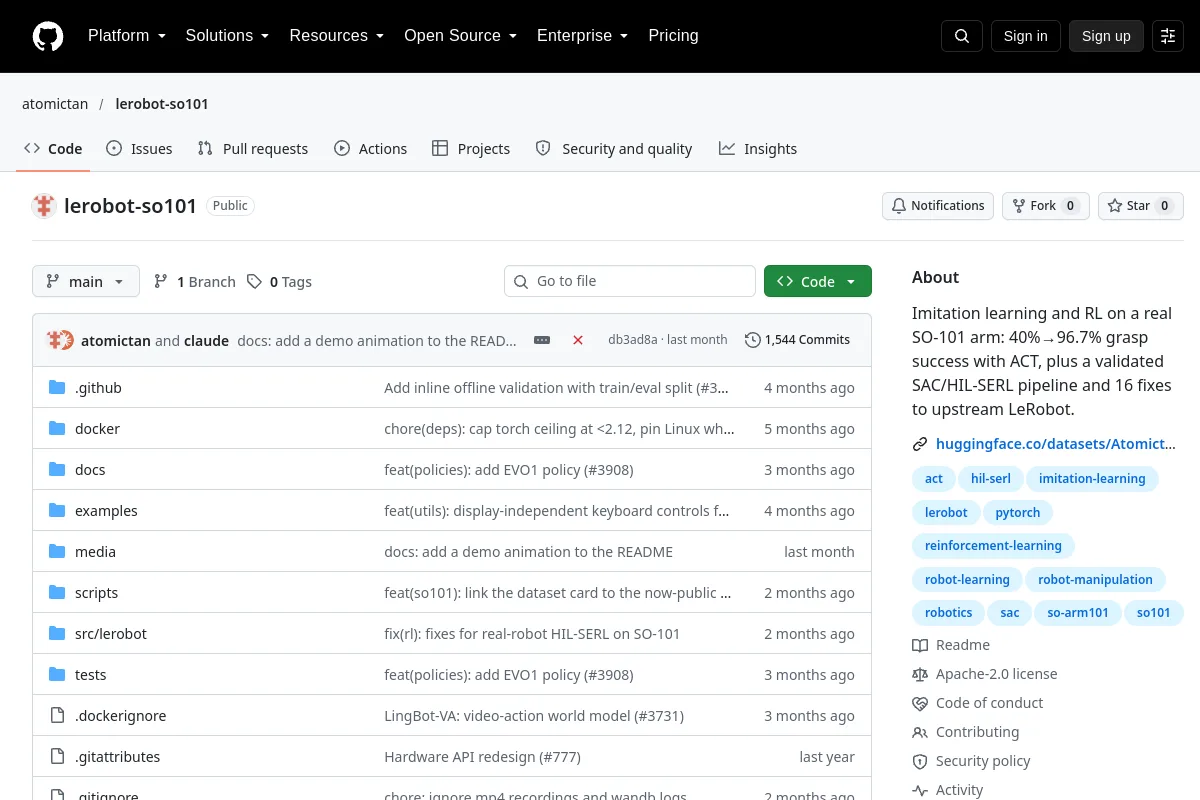 lerobot so101 · atomictan resource page screenshot