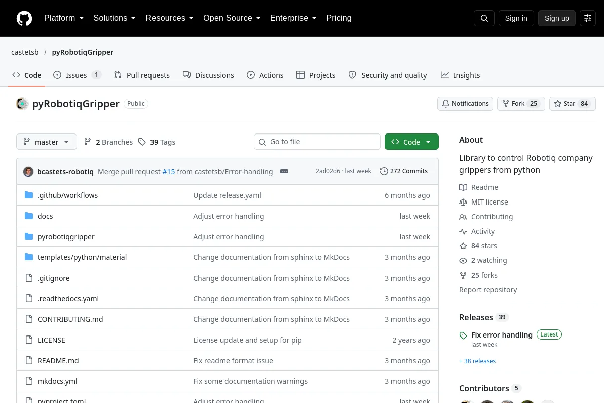 pyRobotiqGripper · castetsb website or repository screenshot