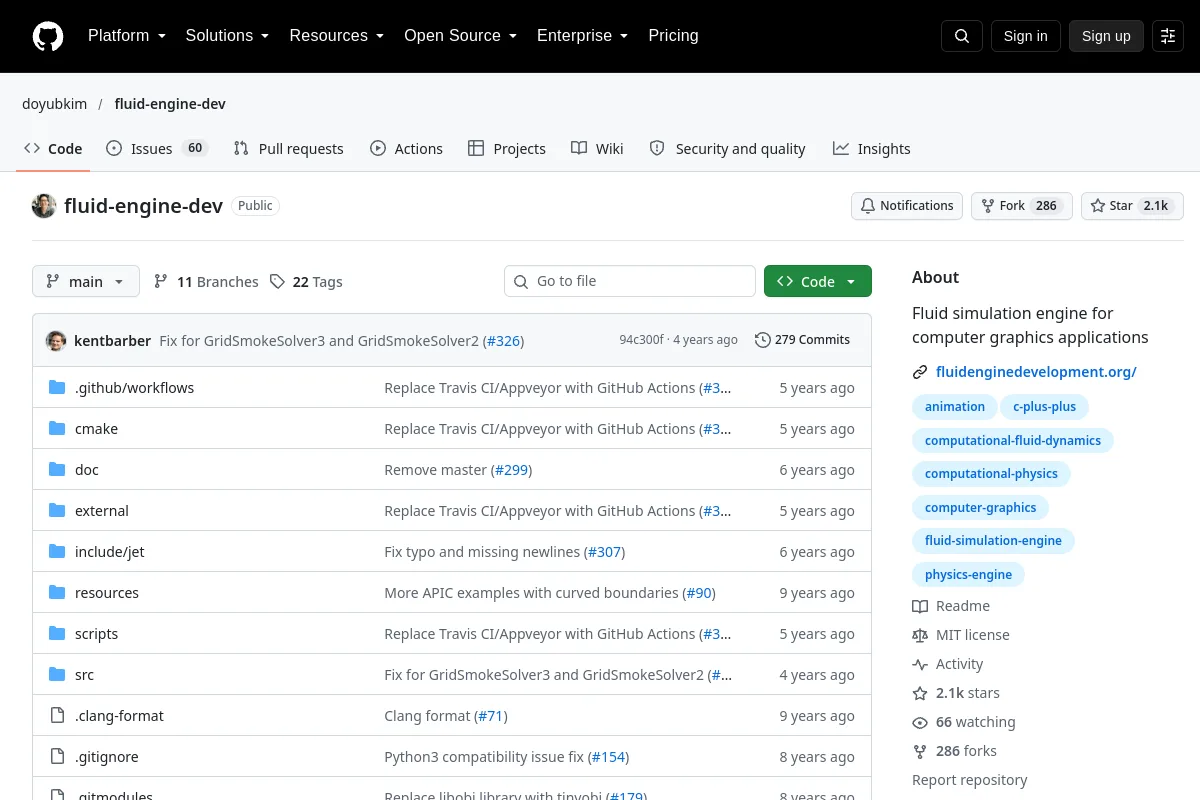 fluid engine dev · doyubkim resource page screenshot