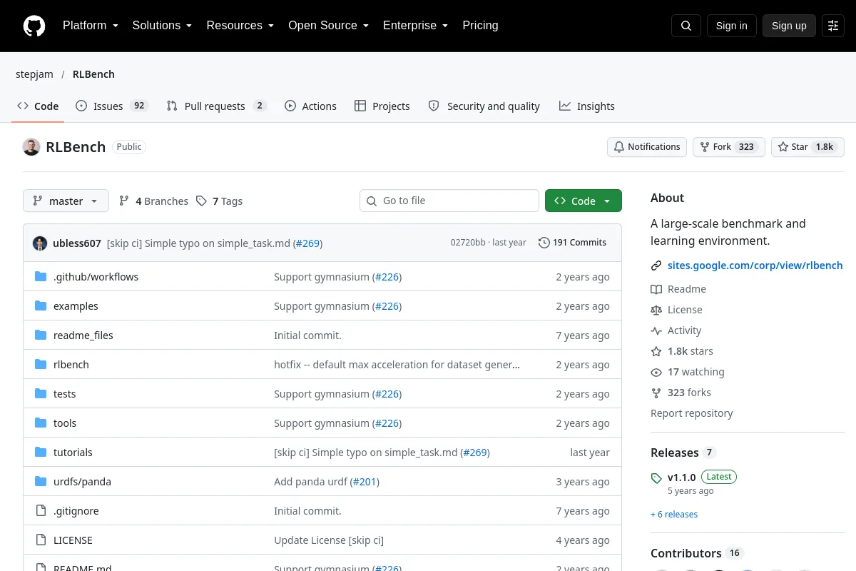 RLBench resource page screenshot