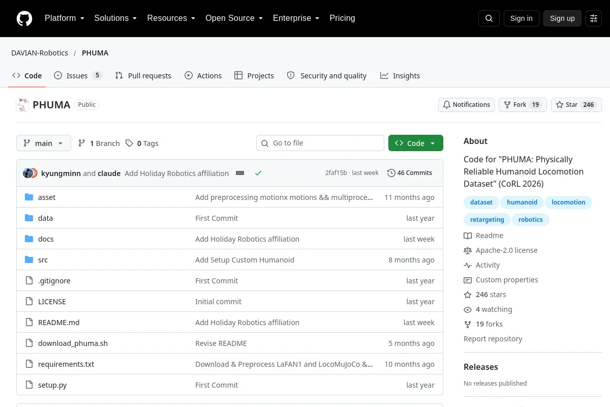 PHUMA · DAVIAN-Robotics website or repository screenshot