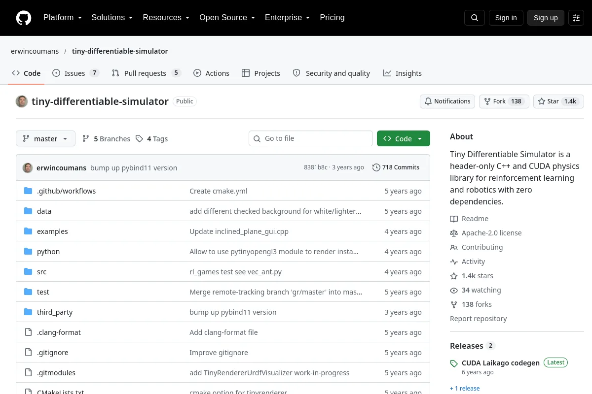 tiny differentiable simulator · erwincoumans website or repository screenshot