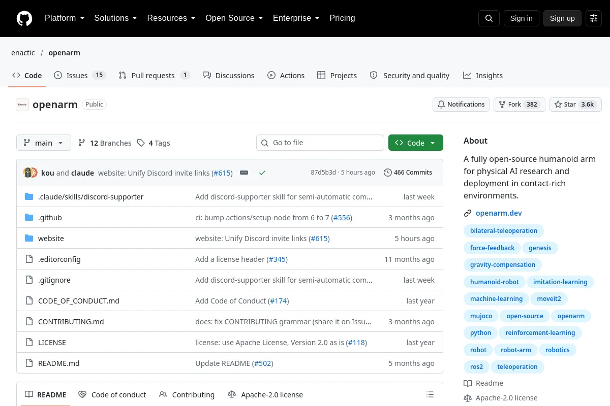 OpenArm · enactic resource page screenshot
