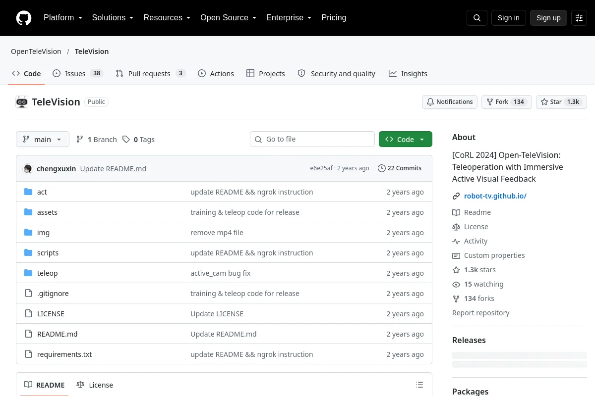 Open TeleVision website or repository screenshot