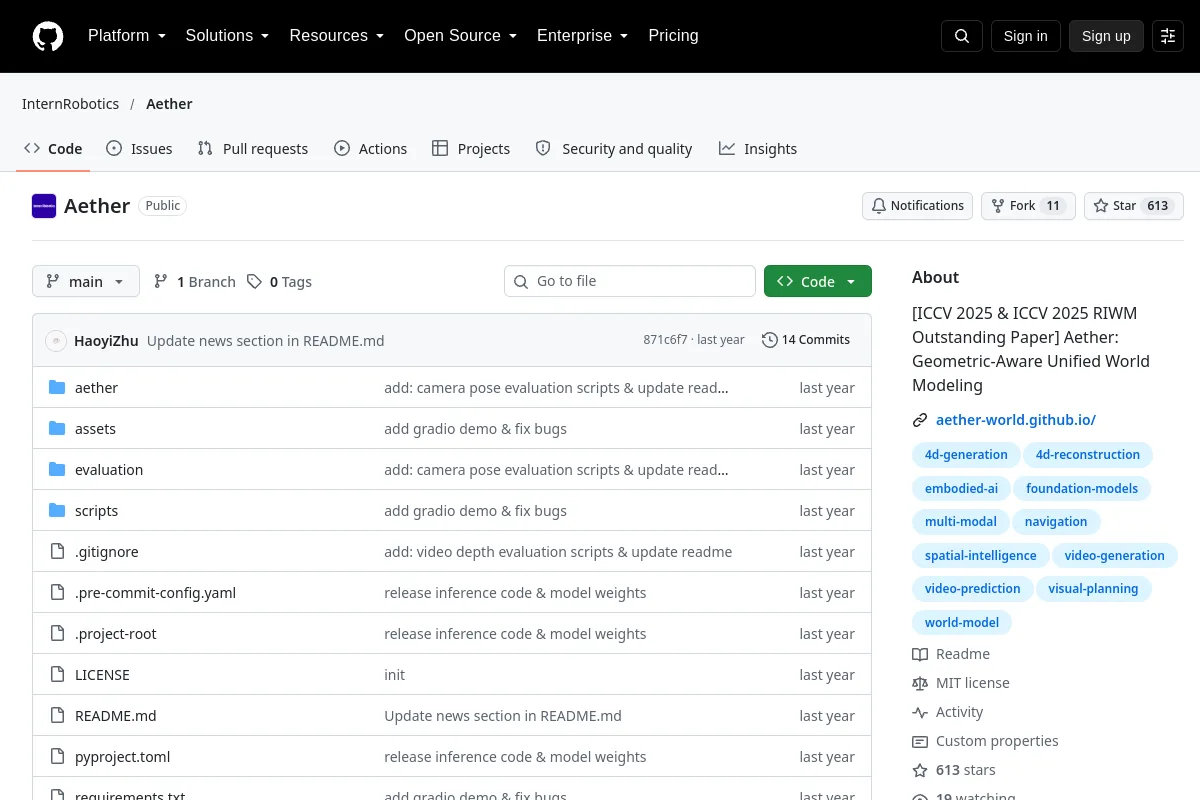 Aether · InternRobotics resource page screenshot